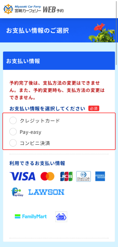 Web予約サイトお支払い情報入力スマートフォン画面